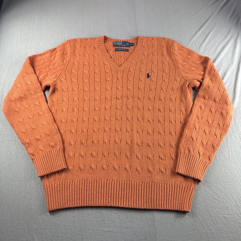 Vintage Polo Ralph Lauren Silk Sweater Men L Orange Cable Knit V-Neck Sweatshirt